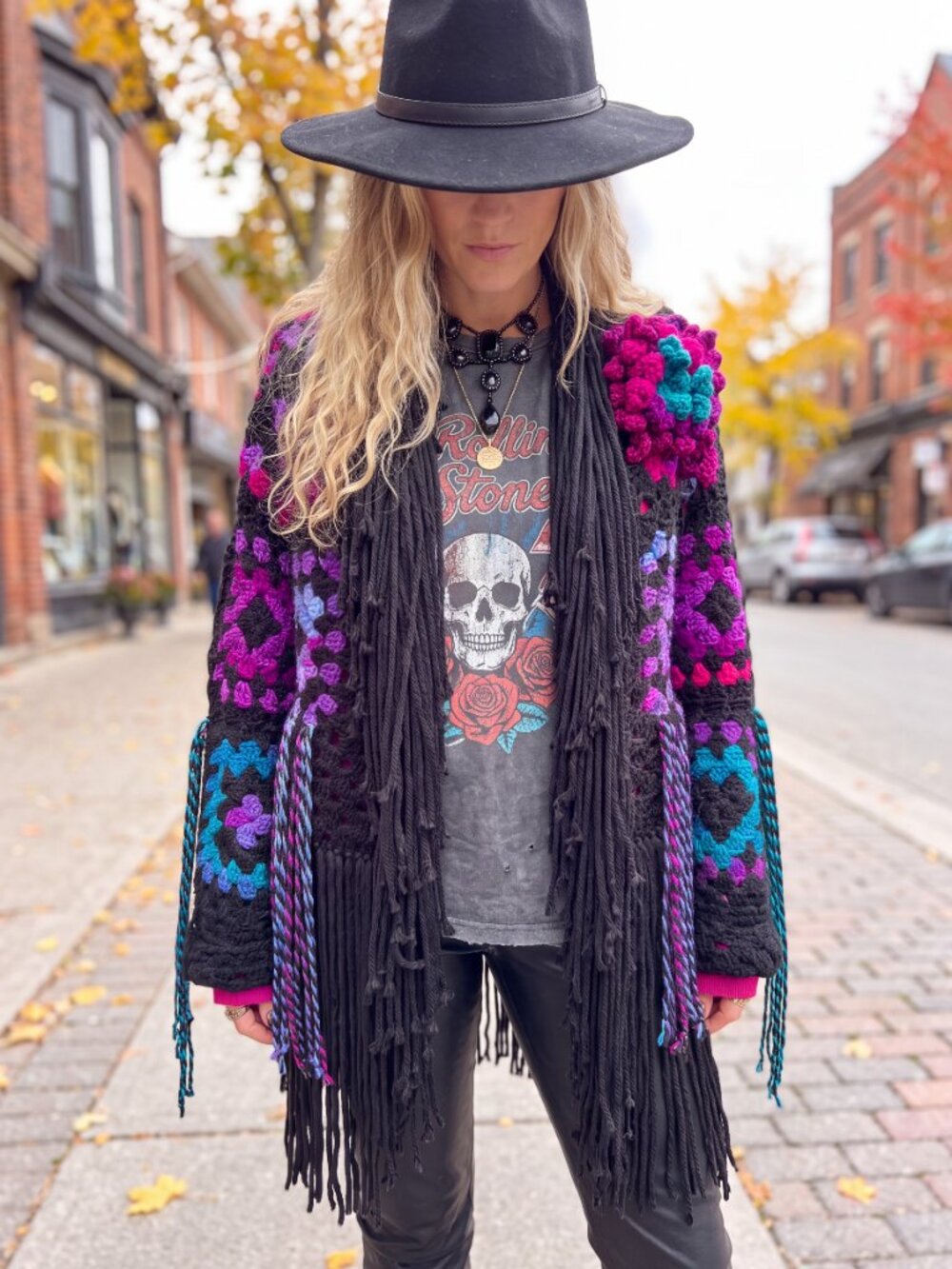 Boho Black Colorful Granny Square Super Fringe Sweater Large